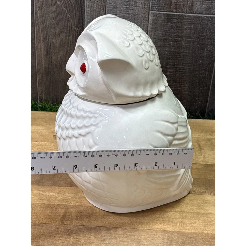 Vintage 1940s American Bisque Owl Cookie Jar Ivory Red Eyes Mid Century